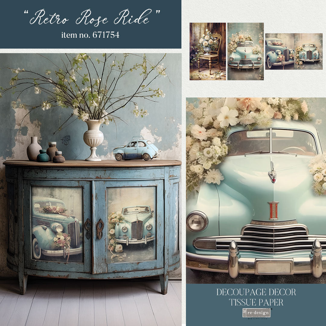 ReDesign with Prima RETRO ROSE RIDE Decoupage Decor Tissue Paper 3 sheets 19.5