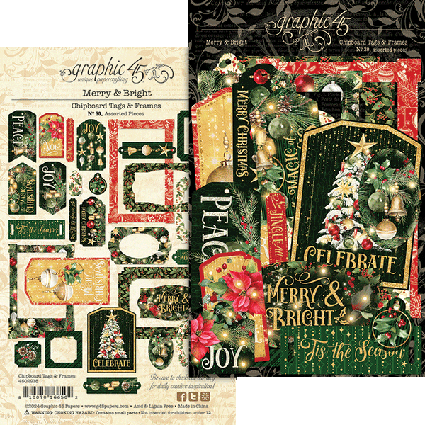 G45 Graphic 45 MERRY & BRIGHT Chipboard Tags & Frames #4502918