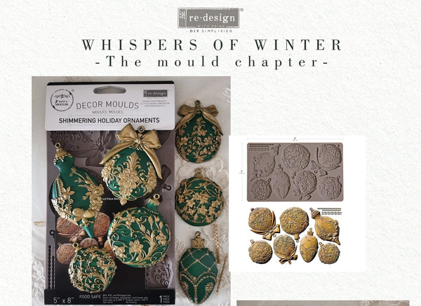 Decorative moulds for making Christmas ornaments with packaging and examples of created items.