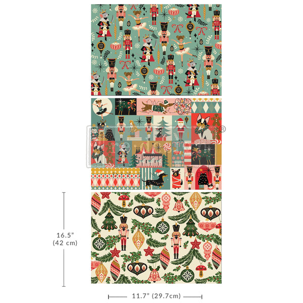 Three sheets of A3 decoupage fiber with Christmas-themed patterns including nutcrackers and festive ornaments.