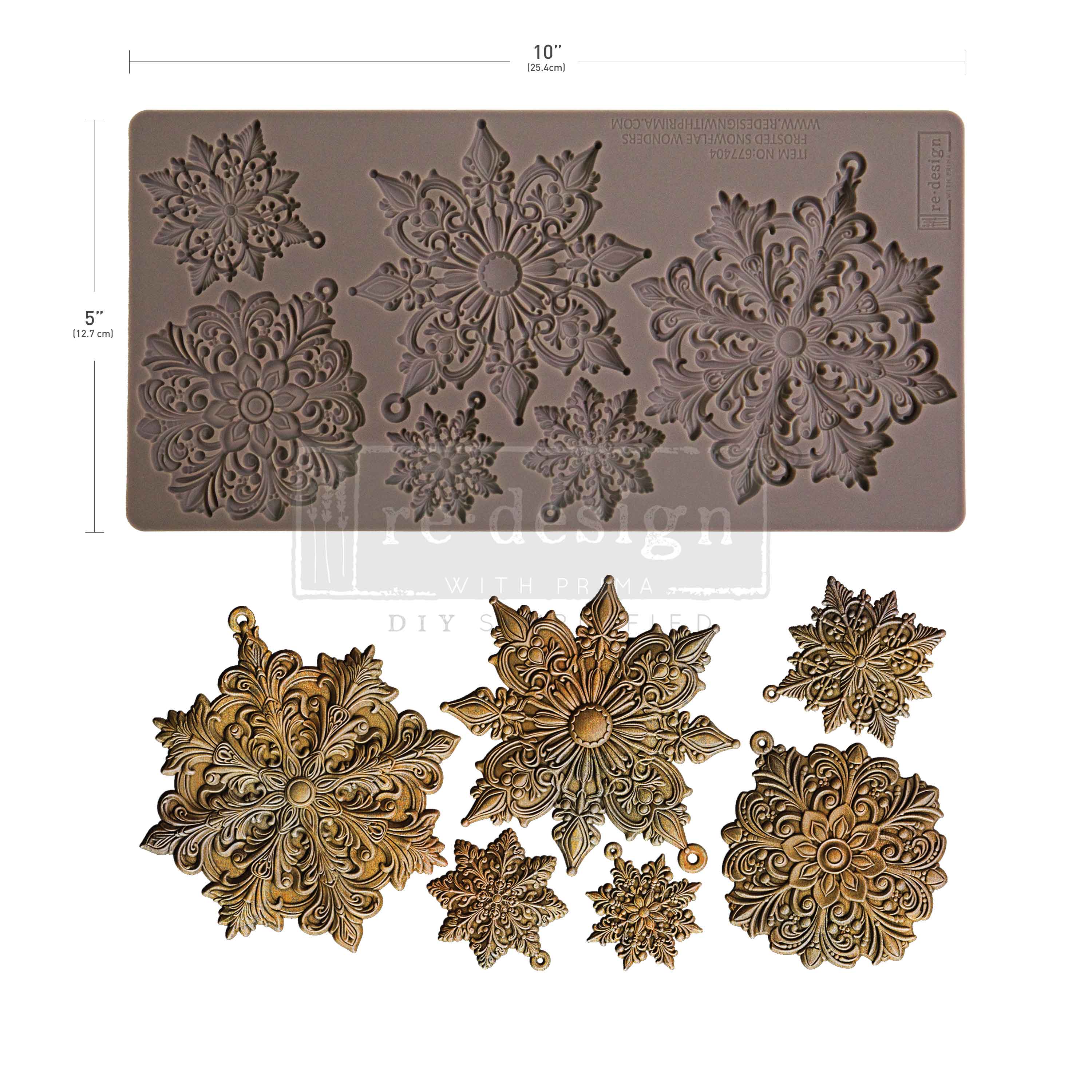Decorative metal flower mold with embossed patterns and finished metal flowers on a white background