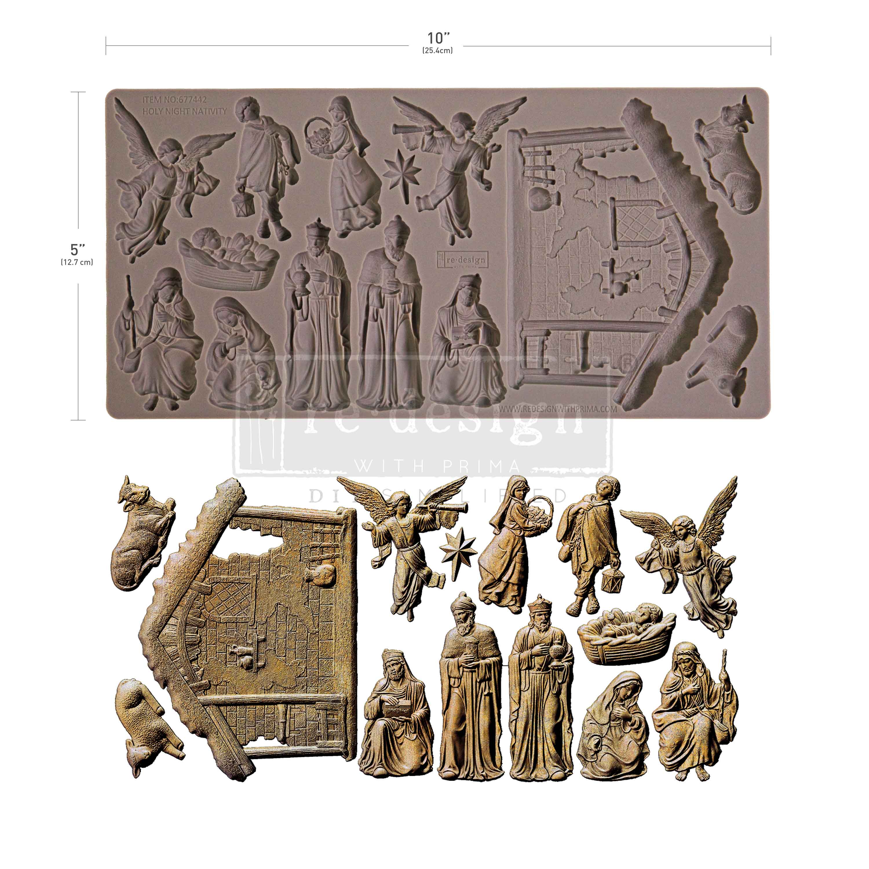 Silicone mold with nativity scene figures and dimensions on a white background