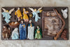 Set of nativity scene figurines on a brown tray with a white background