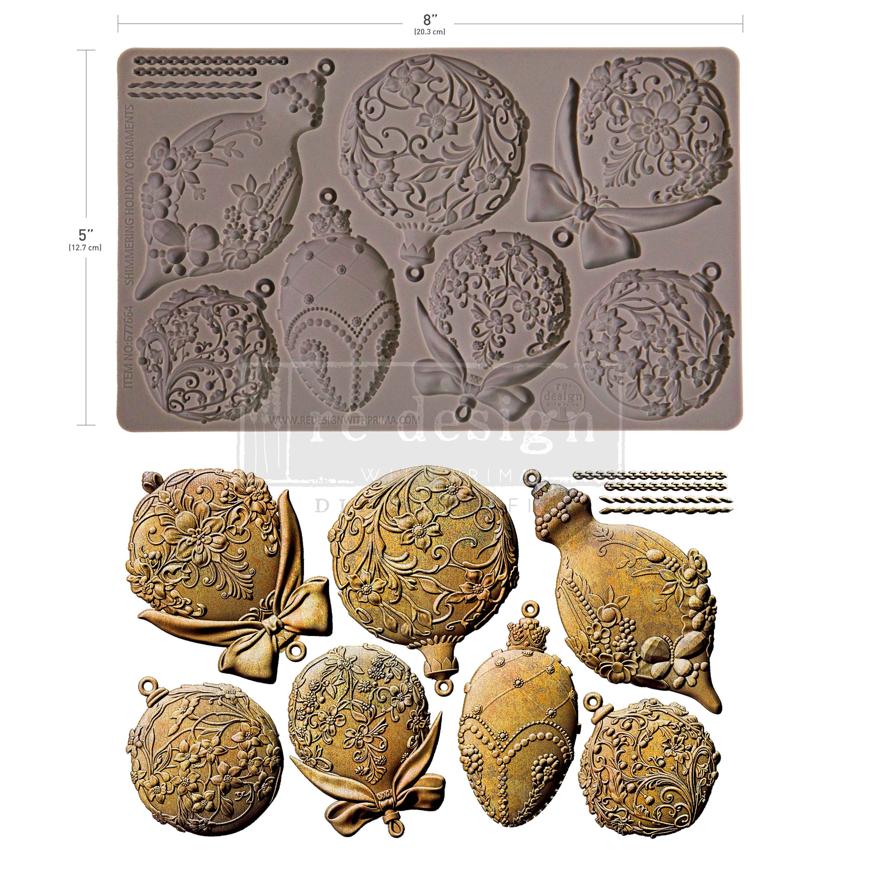 Decorative mold with intricate designs and gold-colored castings on a white background
