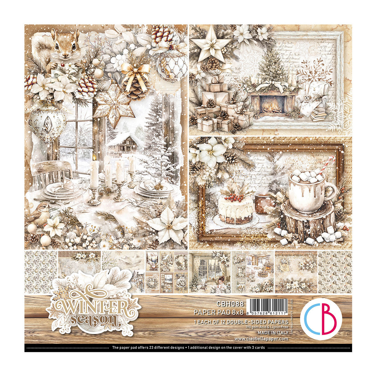 Collection of winter-themed paper sheets with decorative elements on a packaging.