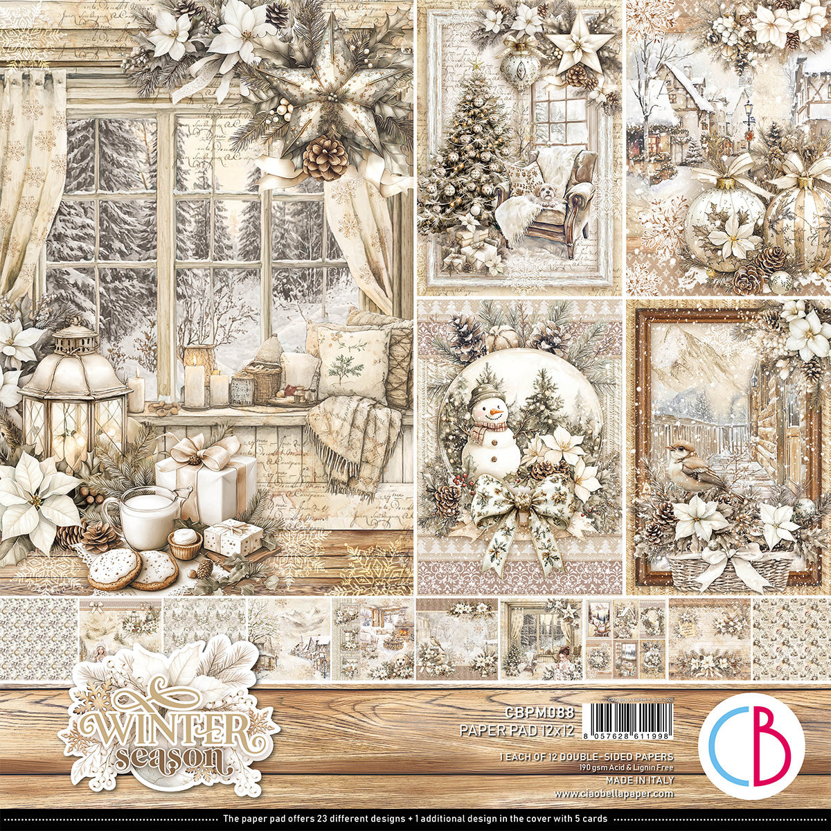 Collage of winter-themed paper designs with Christmas elements and 'Winter Season' text.