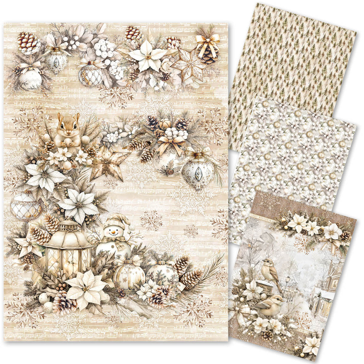 Set of decorative paper sheets with winter-themed designs featuring snowflakes, pinecones, and birds.