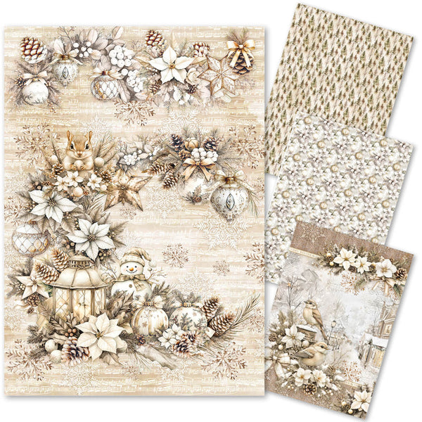 Set of decorative paper sheets with winter-themed designs featuring snowflakes, pinecones, and birds.