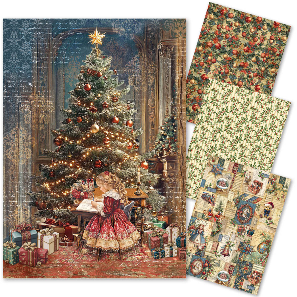 Christmas-themed paper with a decorated tree and child, surrounded by patterned sheets.