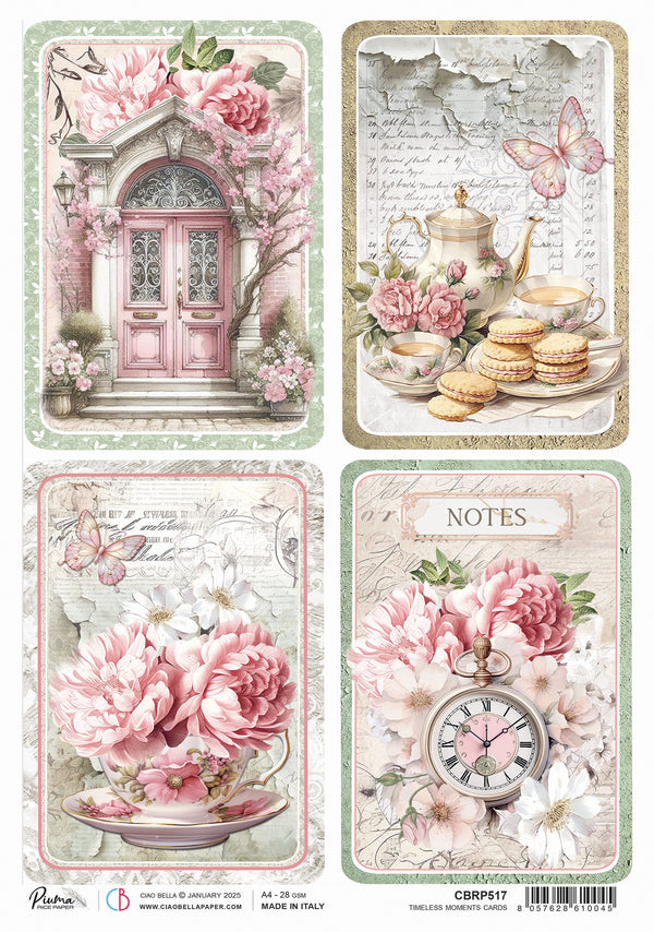 A collection of A4 rice paper cards with a floral and vintage design, labeled 'Timeless Moments' and 'Notes'.