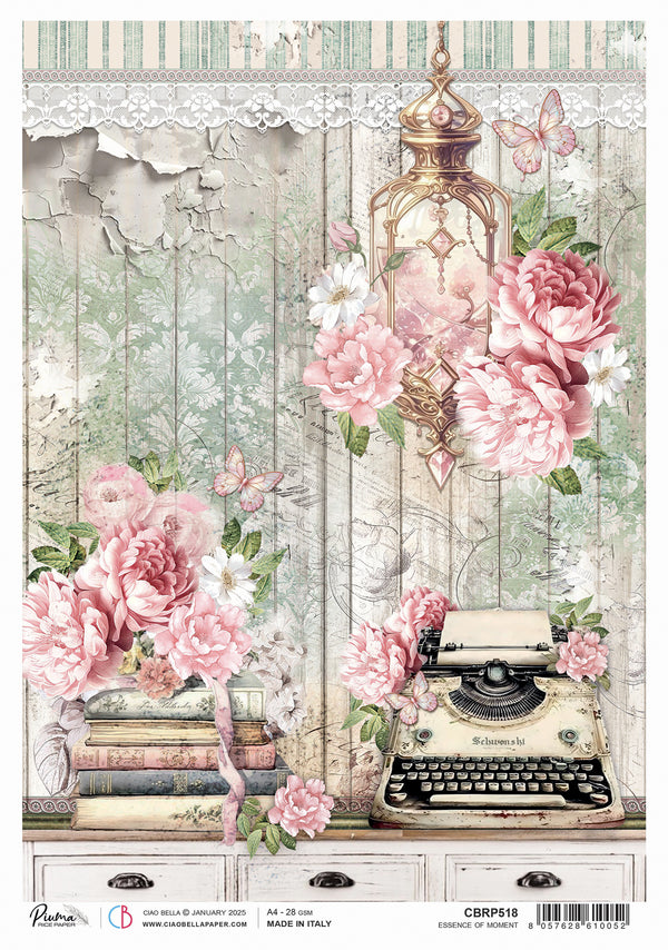A sheet of A4 rice paper with a floral and vintage design, featuring soft pink and green tones, and the Ciao Bella brand logo at the bottom.