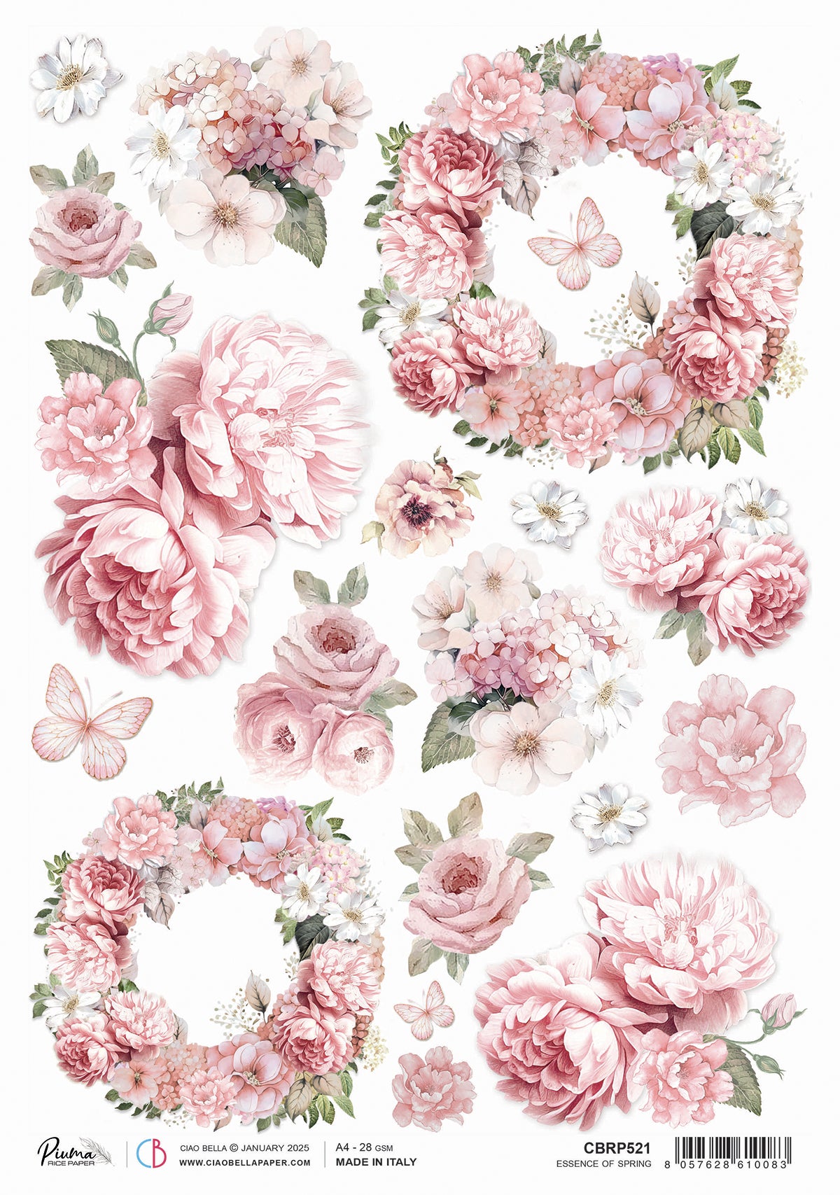 A sheet of A4 rice paper with a floral print design featuring soft pink and green tones, and the Ciao Bella brand logo at the bottom.