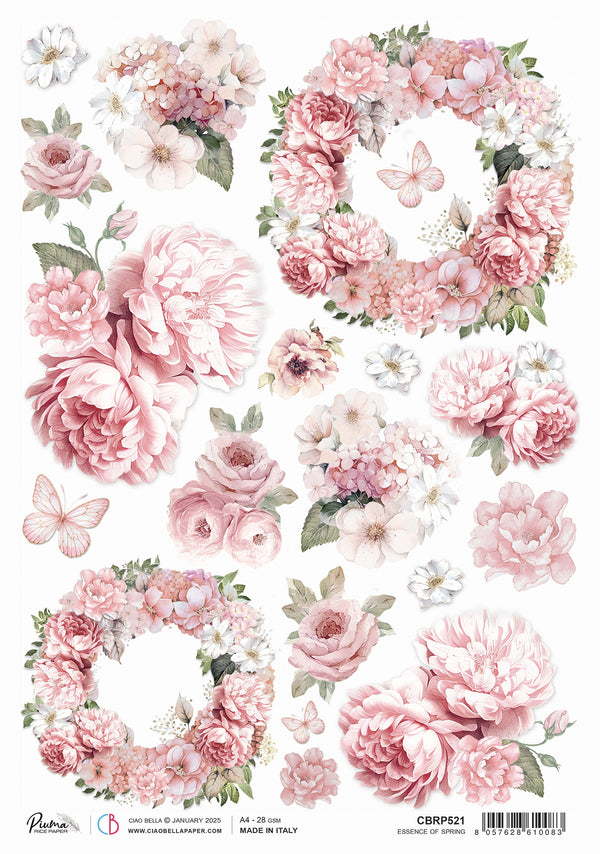 A sheet of A4 rice paper with a floral print design featuring soft pink and green tones, and the Ciao Bella brand logo at the bottom.