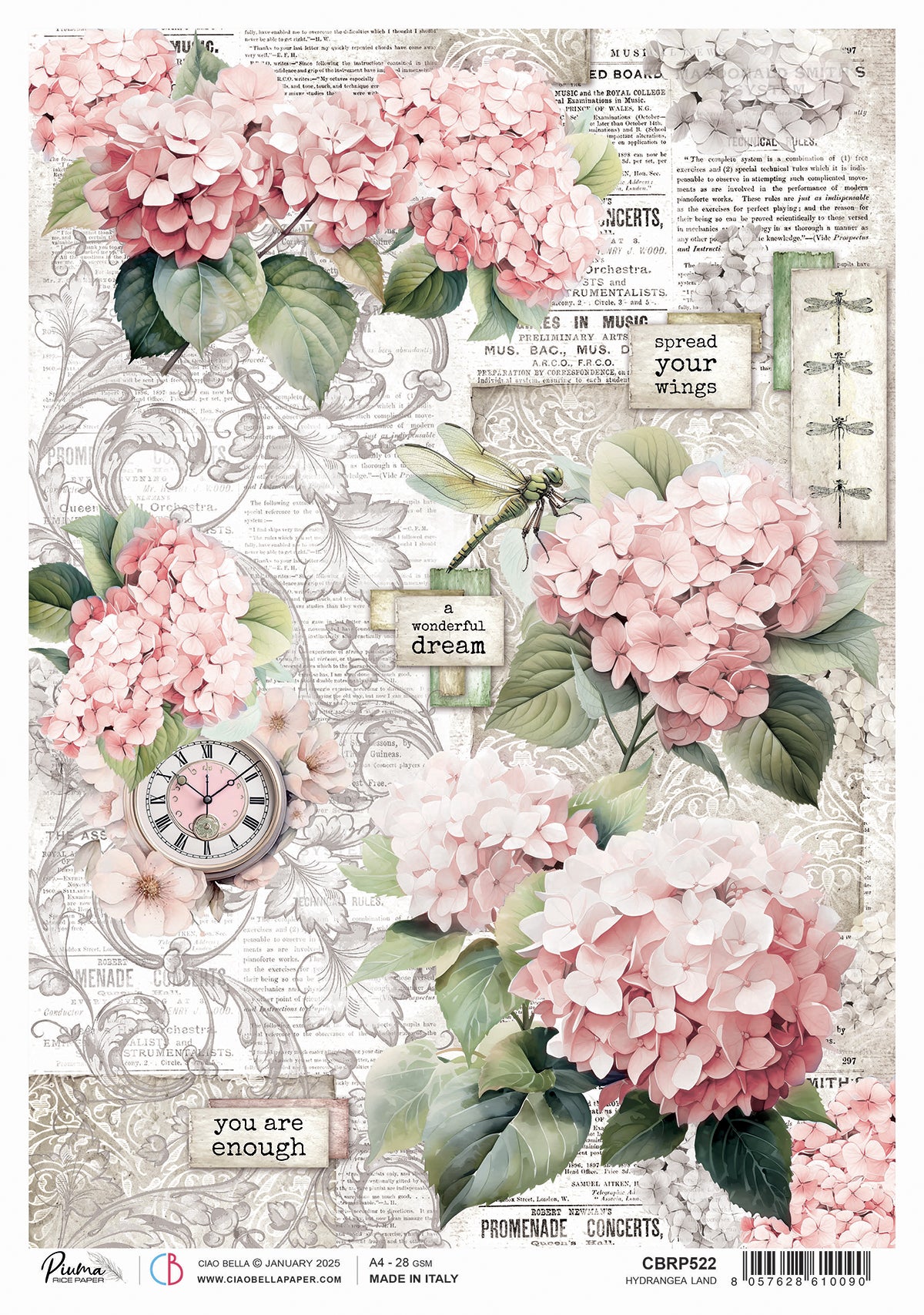 Ciao Bella Timeless Moments HYDRANGEA LAND A4 Rice Paper Mixed Media #CBRP522