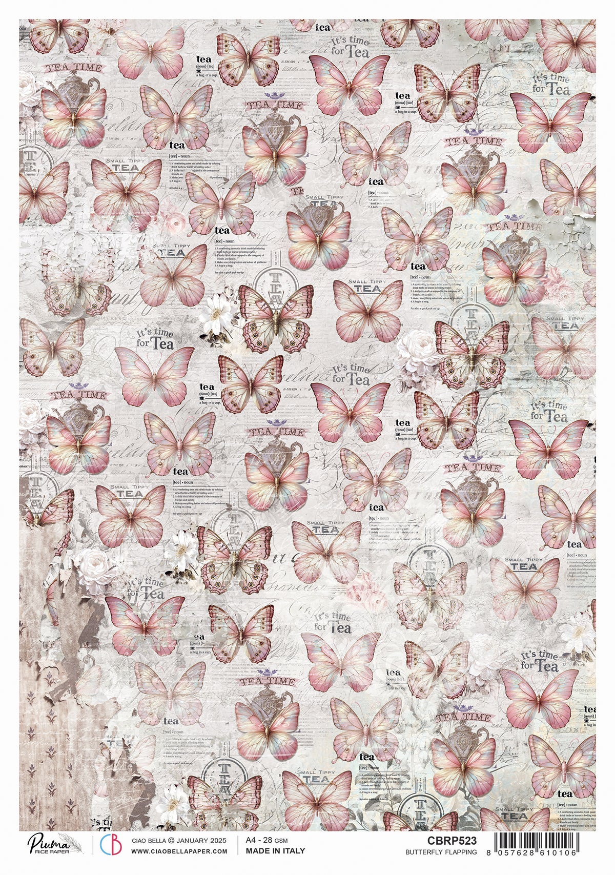 Ciao Bella Timeless Moments BUTTERFLY FLAPPING A4 Rice Paper Mixed Media #CBRP523