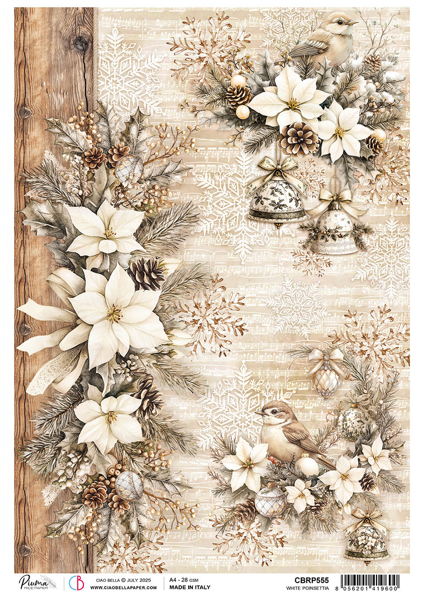 Decorative paper sheet with winter-themed design featuring flowers, bells, and birds on a rustic background.
