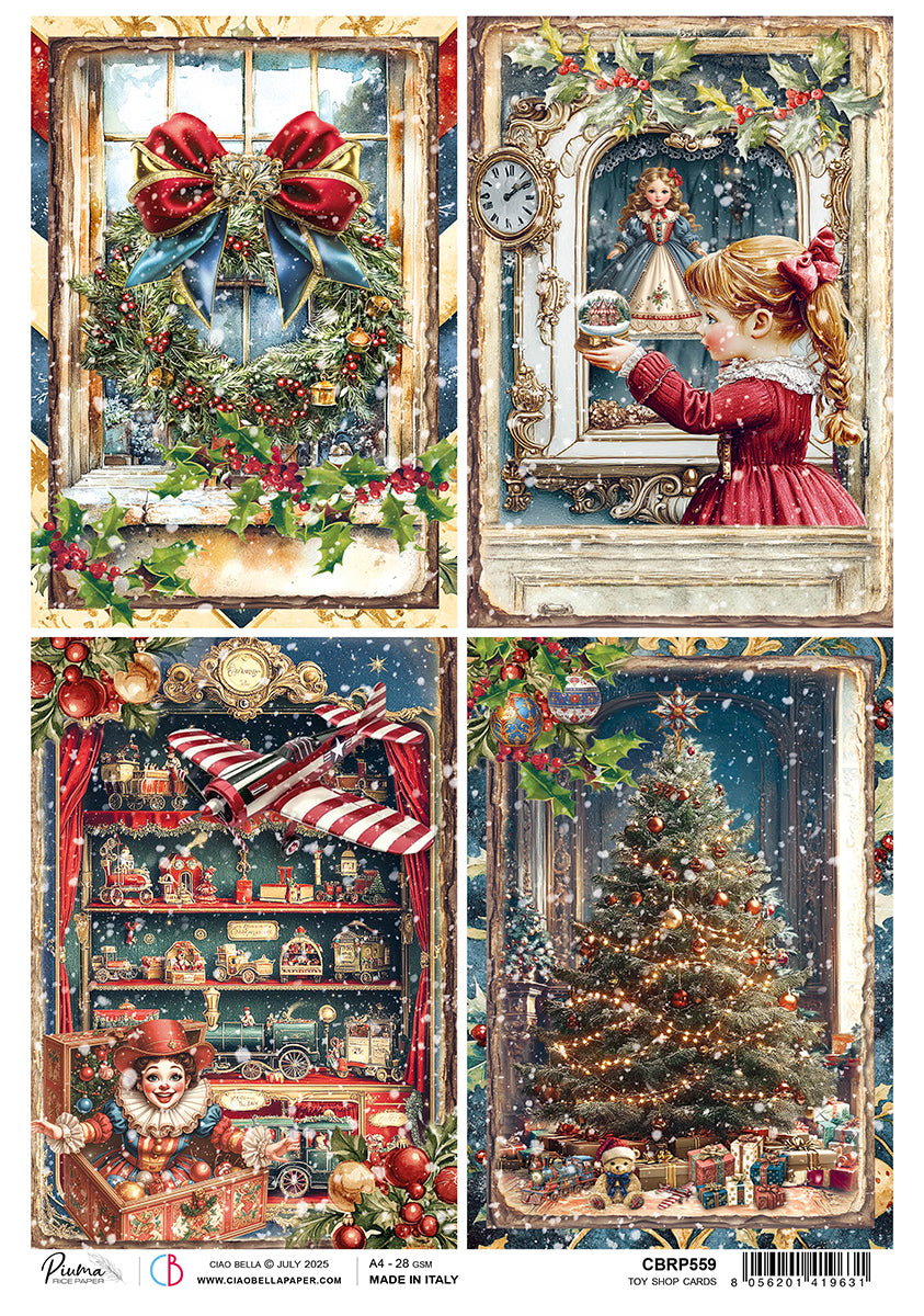 Four Christmas-themed panels with decorative elements, a girl, a clock, and a tree.