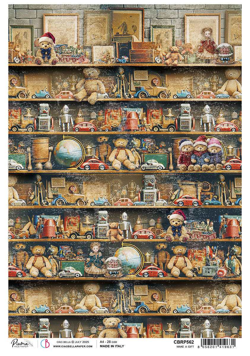 Shelves filled with various toys and collectibles in a vintage setting