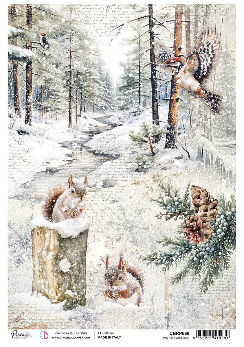 Winter scene with squirrels, birds, and pinecones on a snowy forest floor.