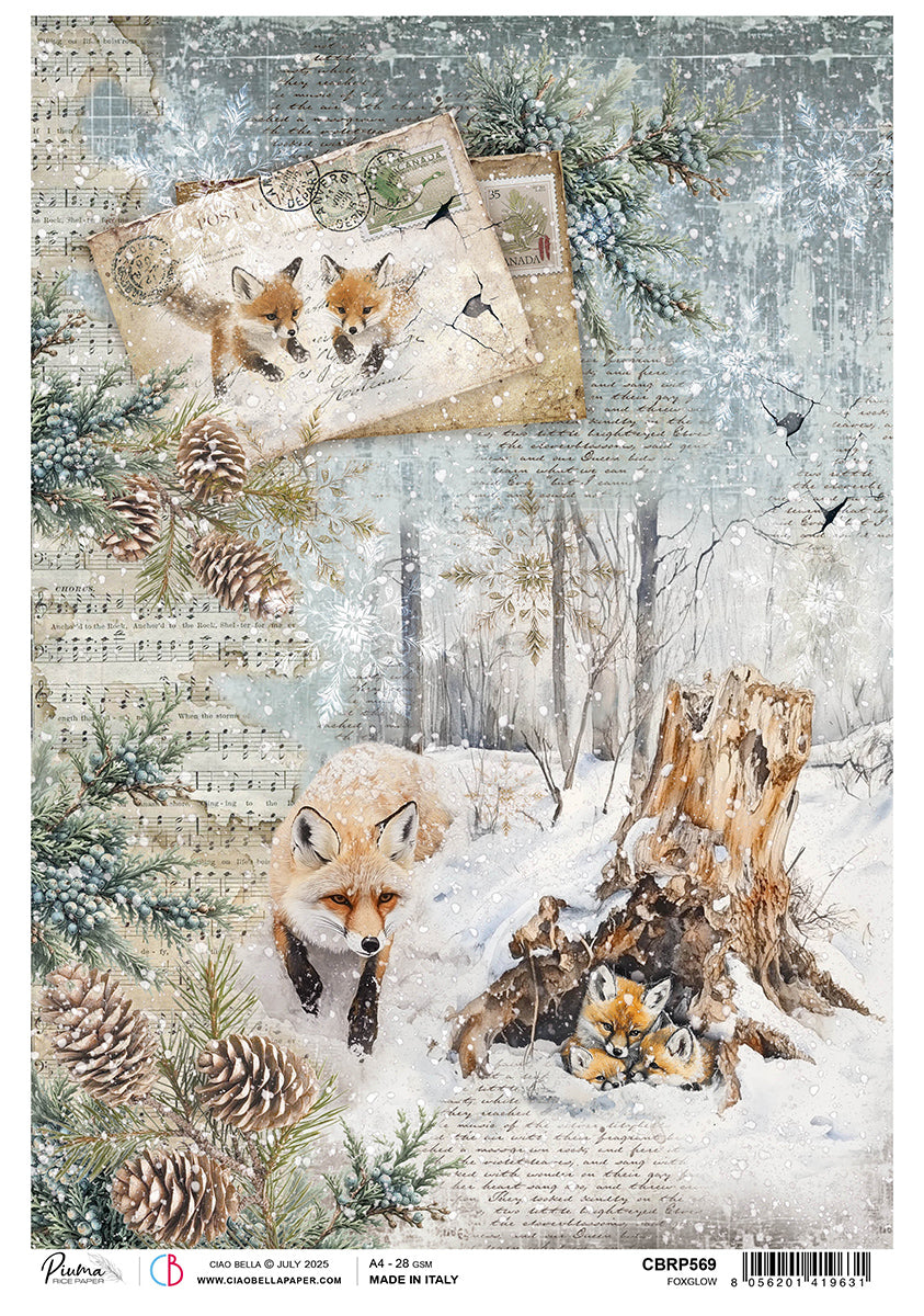 Winter scene with foxes, pinecones, and a snowy landscape.