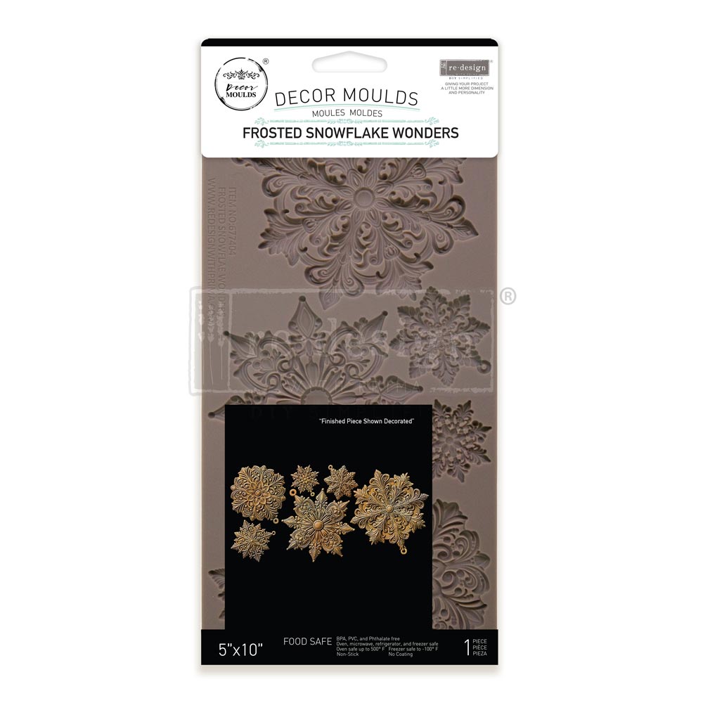 Decor moulds packaging with decorative snowflake designs on a white background