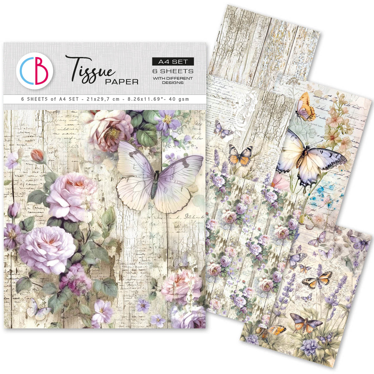 PRE-ORDER Ciao Bella WHIMSICAL BUTTERFLIES A4 Tissue Decoupage Paper 6 sheets #HA003