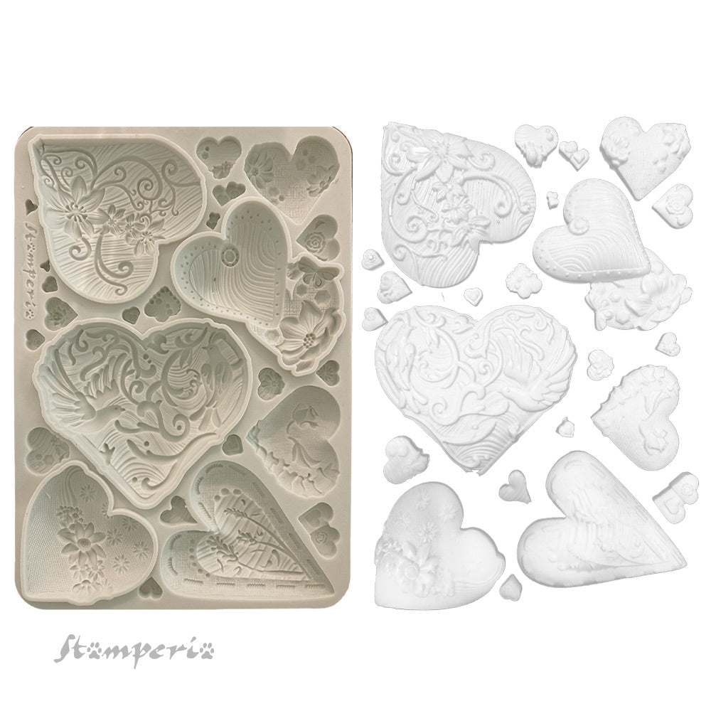 Silicone mold with heart shapes and floral details, featuring the brand 'Stamperia'.
