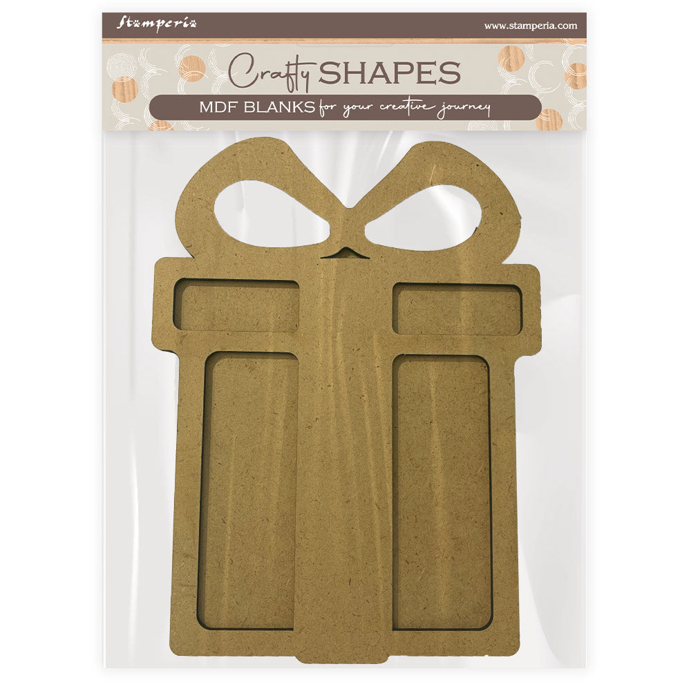 MDF blank shaped like a gift box with 'Craft Shapes' branding on packaging.