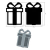 Silhouette of a gift box with a bow, dimensions, and a sample size on a white background.