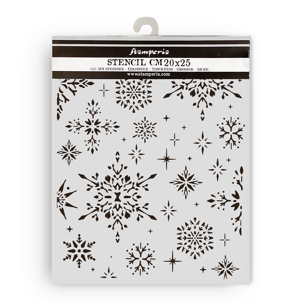 Snowflake stencil with Stamperia branding on a white background