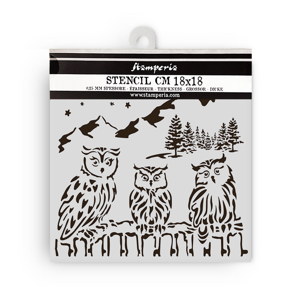 Stamperia owl stencil with packaging on a white background