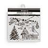 Stamperia stencil with winter village design on a white background