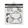 Stamperia media stencil with 'Sparkle and Joy' text and decorative elements on a white background.