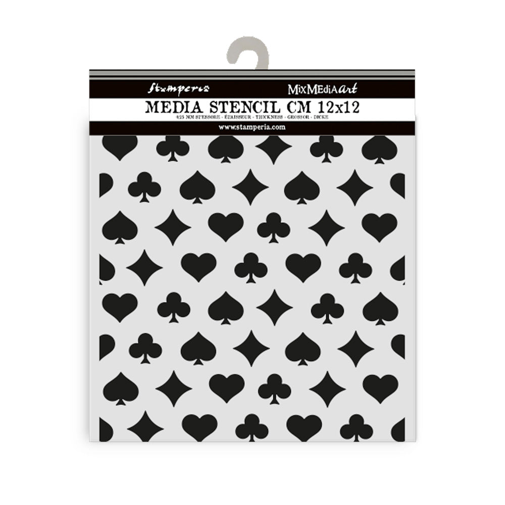 Stamperia media stencil with black geometric patterns on a white background