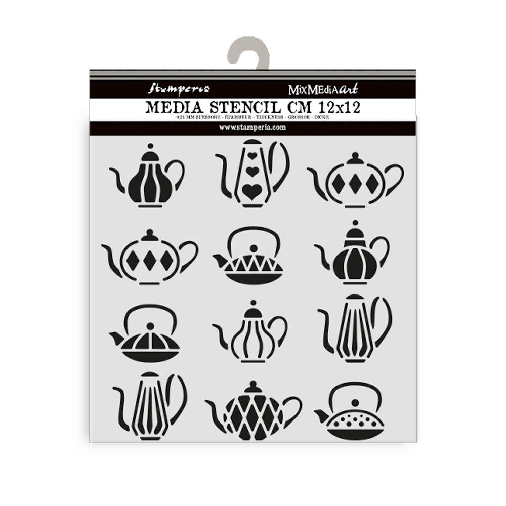 Stamperia ALICE in CHRISTMAS - TEA POTS Stencil 12X12 cm #KSTDS56