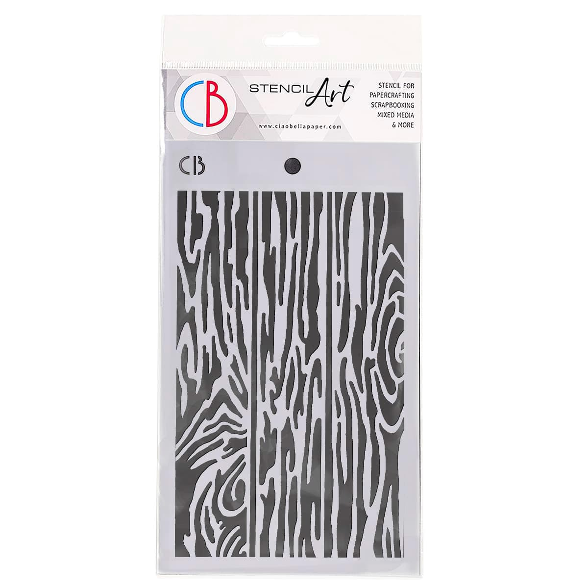 Wood pattern stencil in packaging with brand logo on a white background