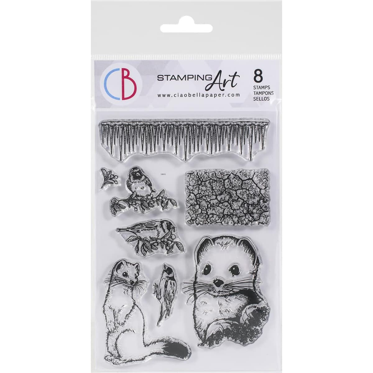 Clear stamp set with animal designs on a Ciao Bella Stamping Art packaging.