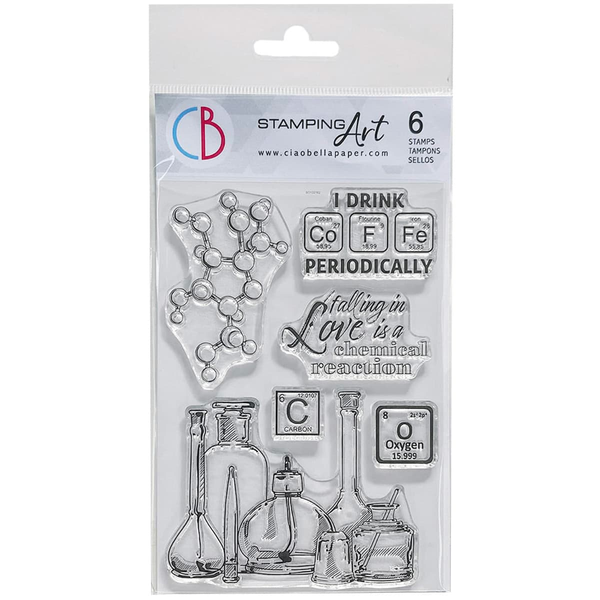 A clear acrylic stamp set by Ciao Bella, featuring chemical-themed designs including molecules and laboratory equipment, packaged in a transparent plastic case.