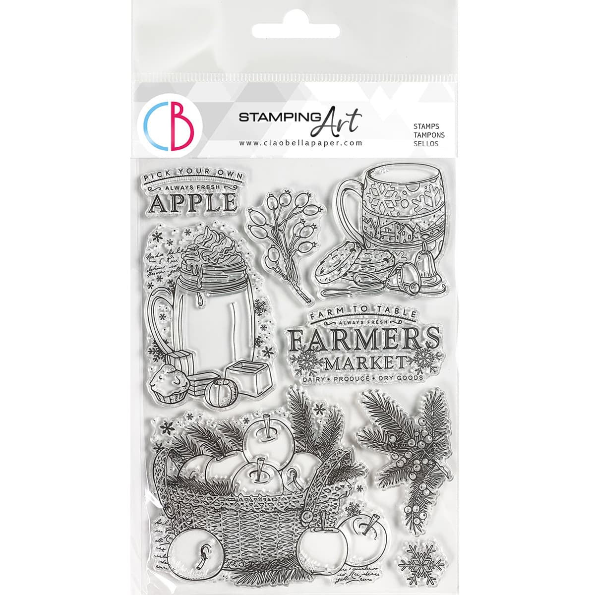 Clear stamp set with farmer's market and apple-themed designs on a white background