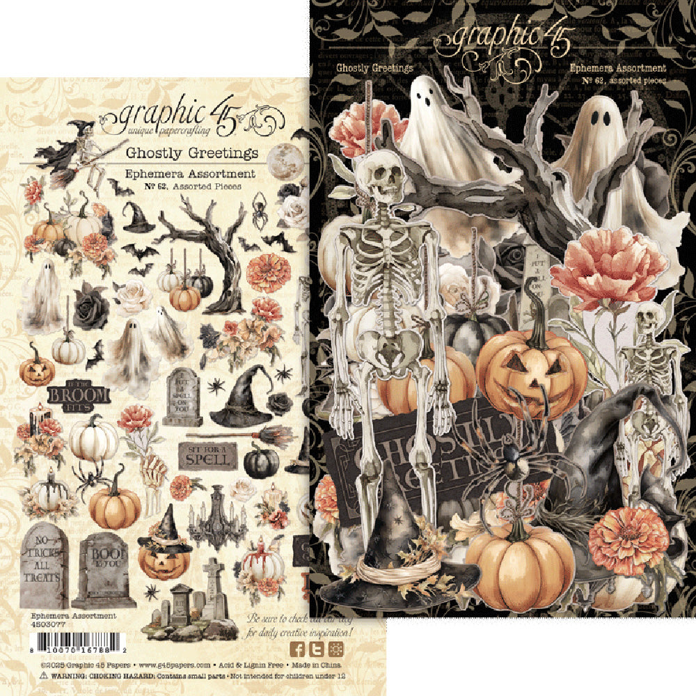 G45 Graphic 45 GHOSTLY GREETINGS Halloween Ephemera Set, 65 pcs #4503077