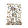 Sheet of winter-themed stickers with snowy cabin, owls, and floral elements on a white background.