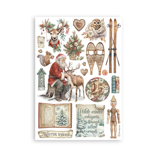 Collection of winter-themed illustrations including Santa Claus, reindeer, and snowy landscapes on a white background.