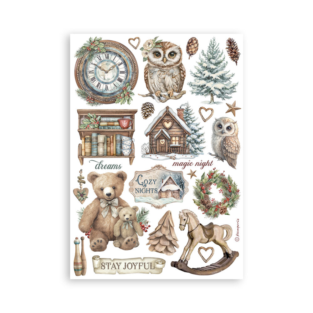Collection of decorative stickers featuring a clock, owls, bears, and other elements on a white background.