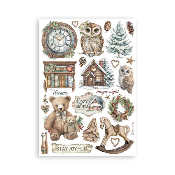 Collection of decorative stickers featuring a clock, owls, bears, and other elements on a white background.