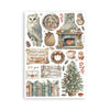 Collection of decorative elements including owls, a fireplace, and Christmas trees on a white background.