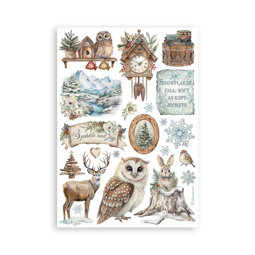 Collection of nature-themed illustrations including animals, clocks, and landscapes on a white background.