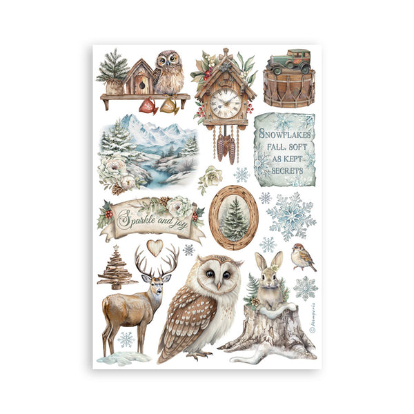 Collection of nature-themed illustrations including animals, clocks, and landscapes on a white background.