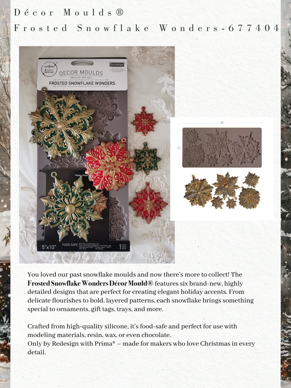 Decor Moulds Frosted Snowflake Wonders packaging with snowflakes and text on a snowy background