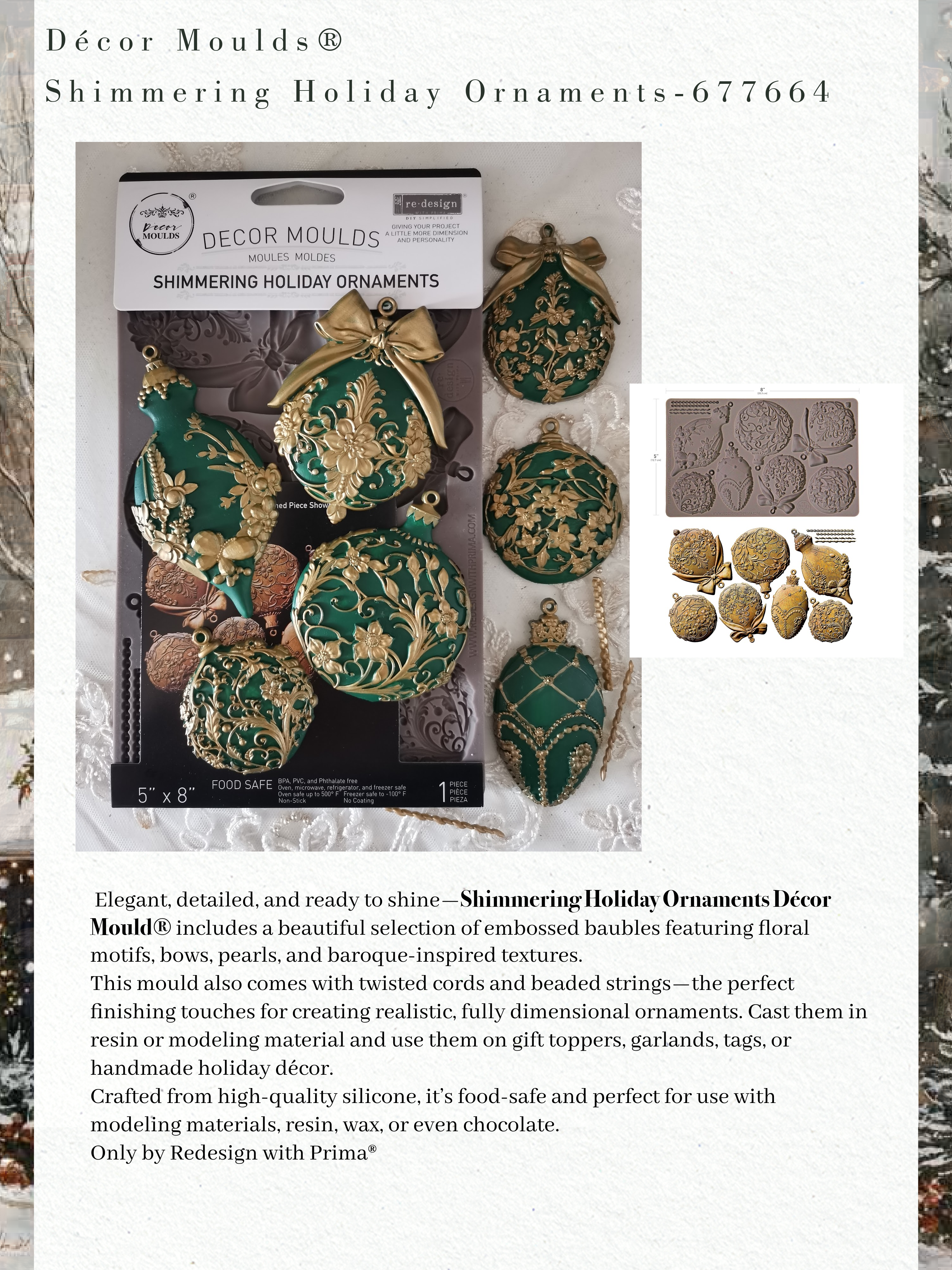 Decor Moulds Shimmering Holiday Ornaments packaging with samples on a white background