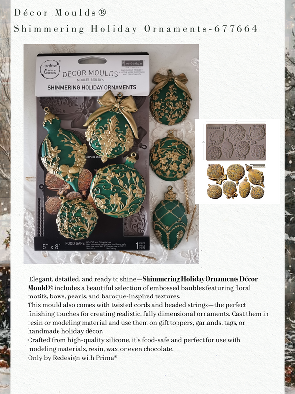Decor Moulds Shimmering Holiday Ornaments packaging with samples on a white background